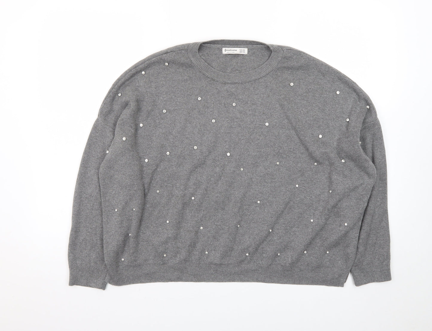 Stradivarius Womens Grey Beaded Knit Pullover Jumper XS
