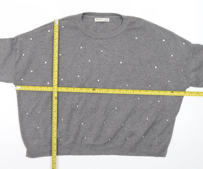 Stradivarius Womens Grey Beaded Knit Pullover Jumper XS