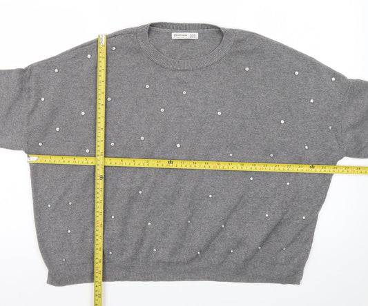 Stradivarius Womens Grey Beaded Knit Pullover Jumper XS