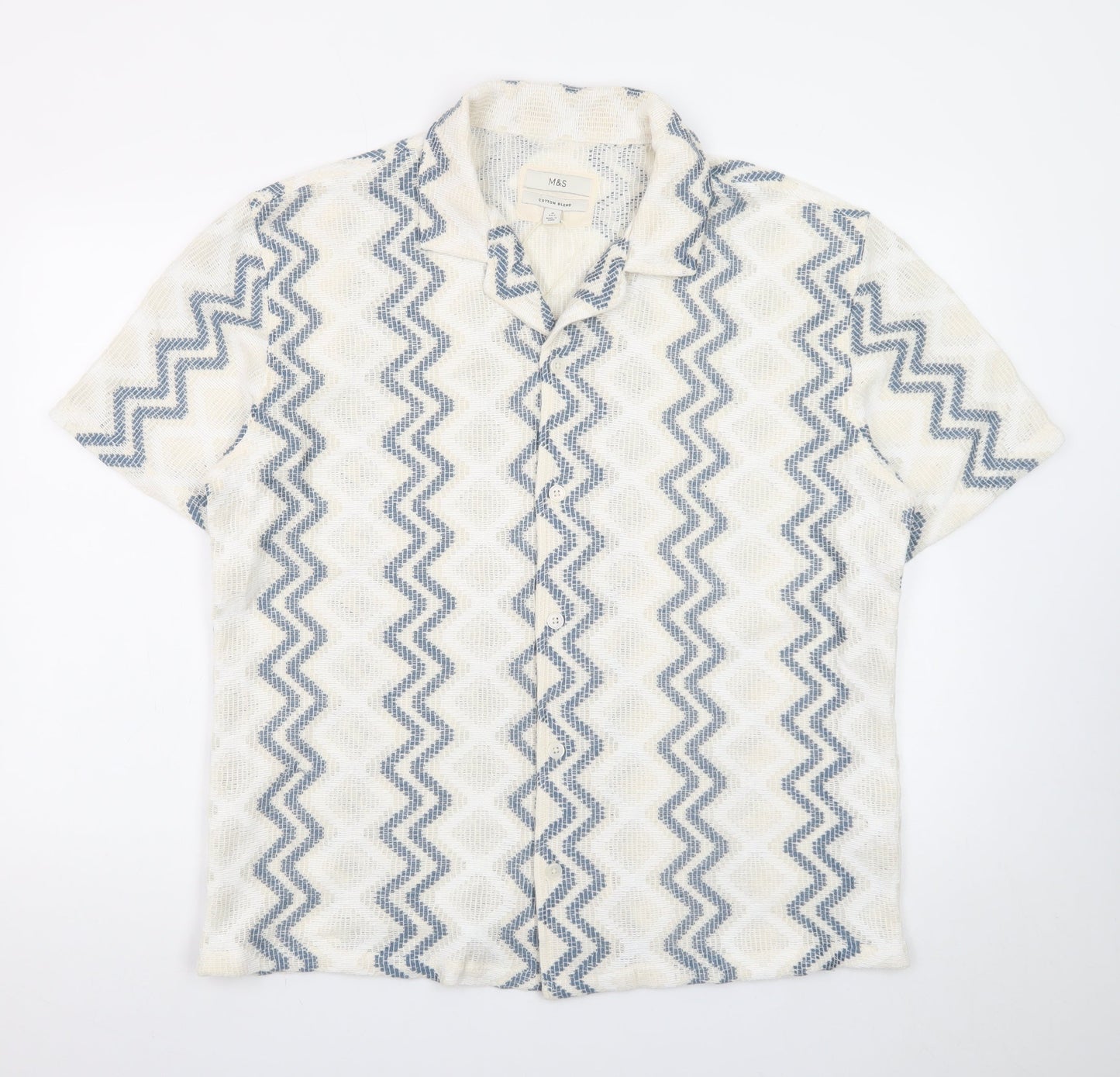 Marks and Spencer Men's Beige Blue Zigzag Knit Short Sleeve Cardigan M