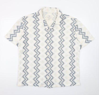 Marks and Spencer Men's Beige Blue Zigzag Knit Short Sleeve Cardigan M