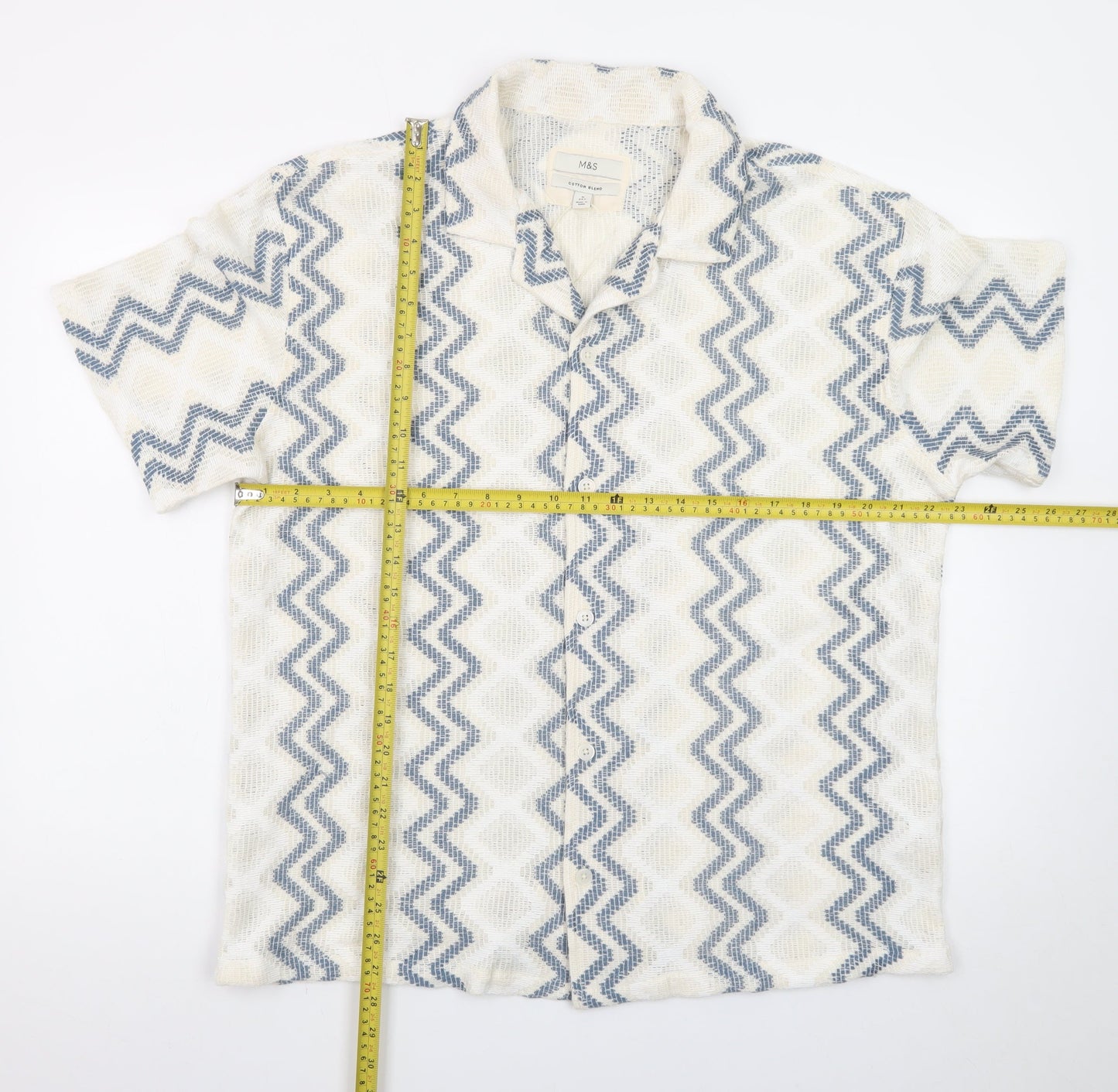 Marks and Spencer Men's Beige Blue Zigzag Knit Short Sleeve Cardigan M