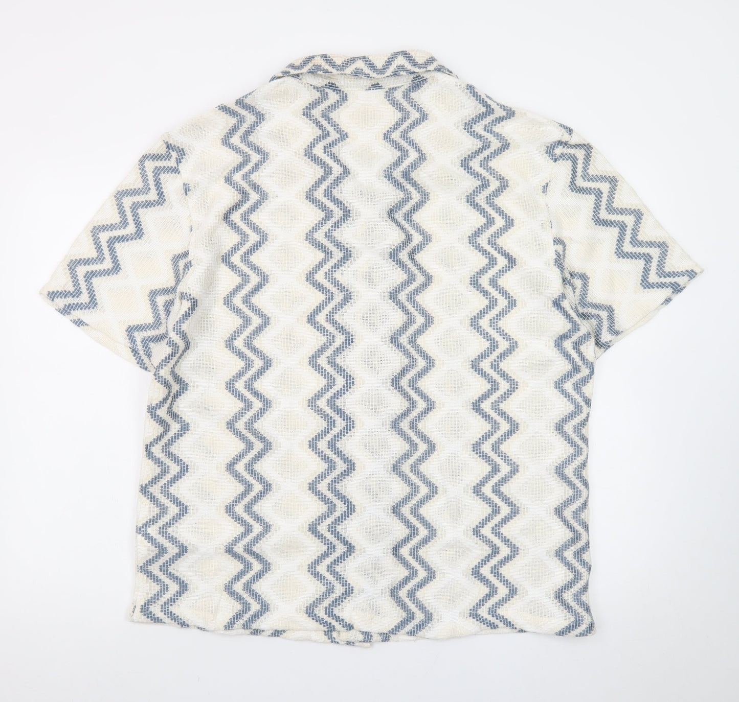 Marks and Spencer Men's Beige Blue Zigzag Knit Short Sleeve Cardigan M