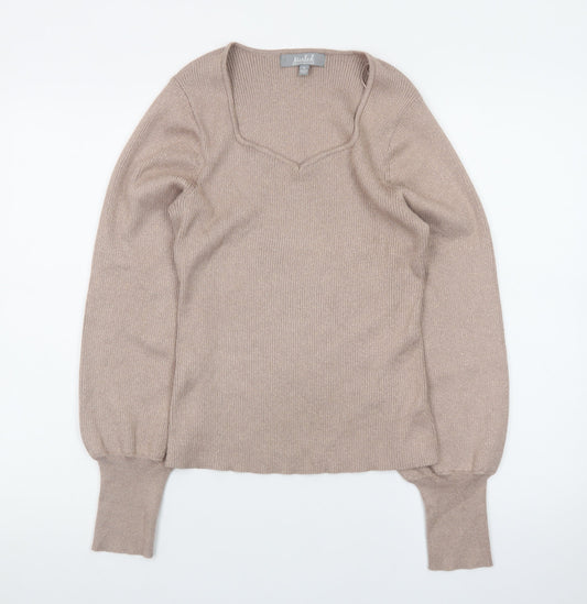 Marled Womens Beige V-Neck Knit Pullover Jumper Size M