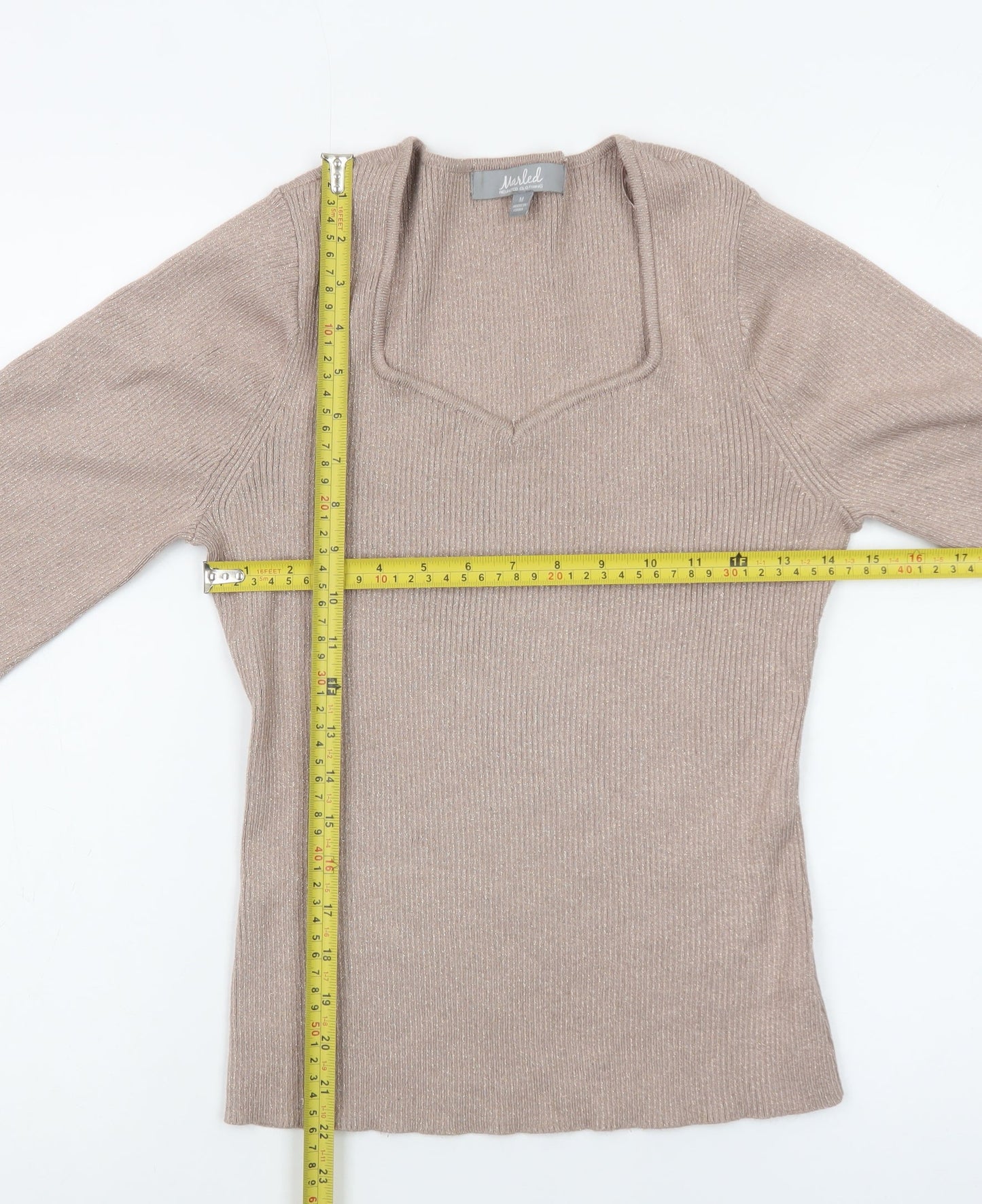 Marled Womens Beige V-Neck Knit Pullover Jumper Size M