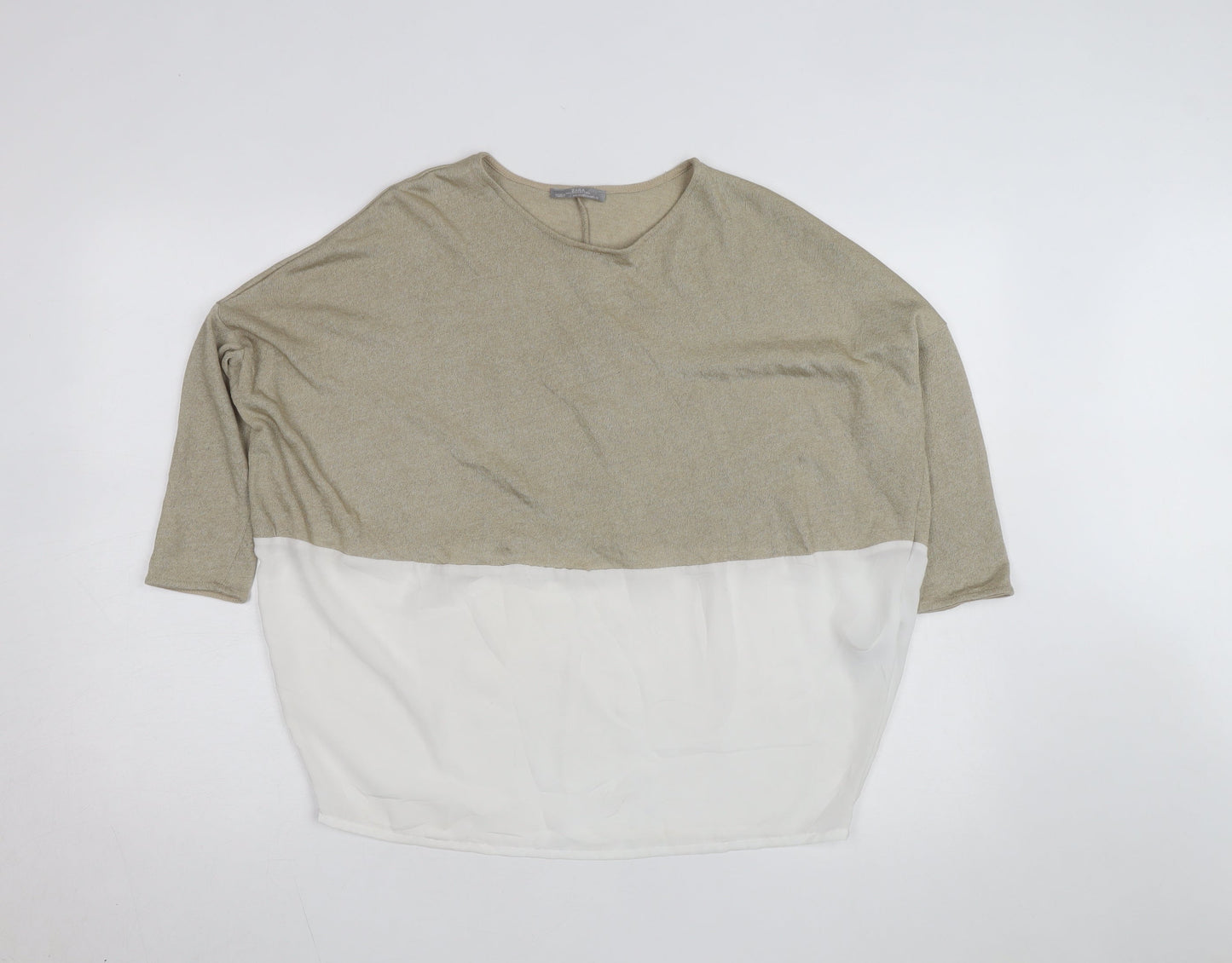 Zara Women Beige Colourblock Relaxed Knit Chiffon Blouse M