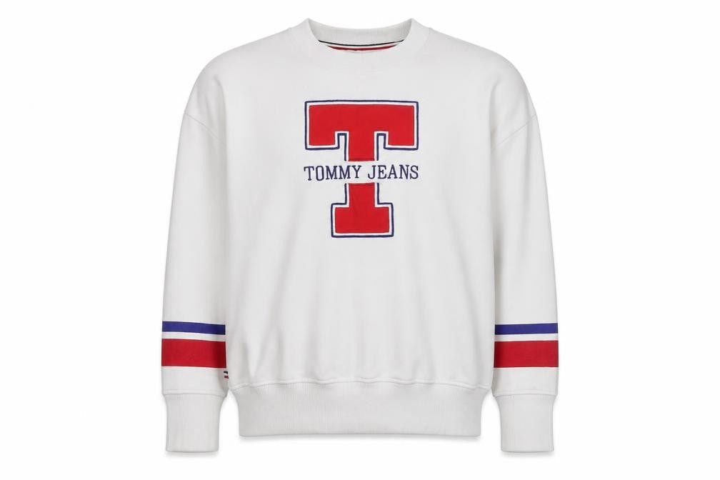 Tommy Jeans Men's White L Crew Neck Pullover Logo Sweatshirt