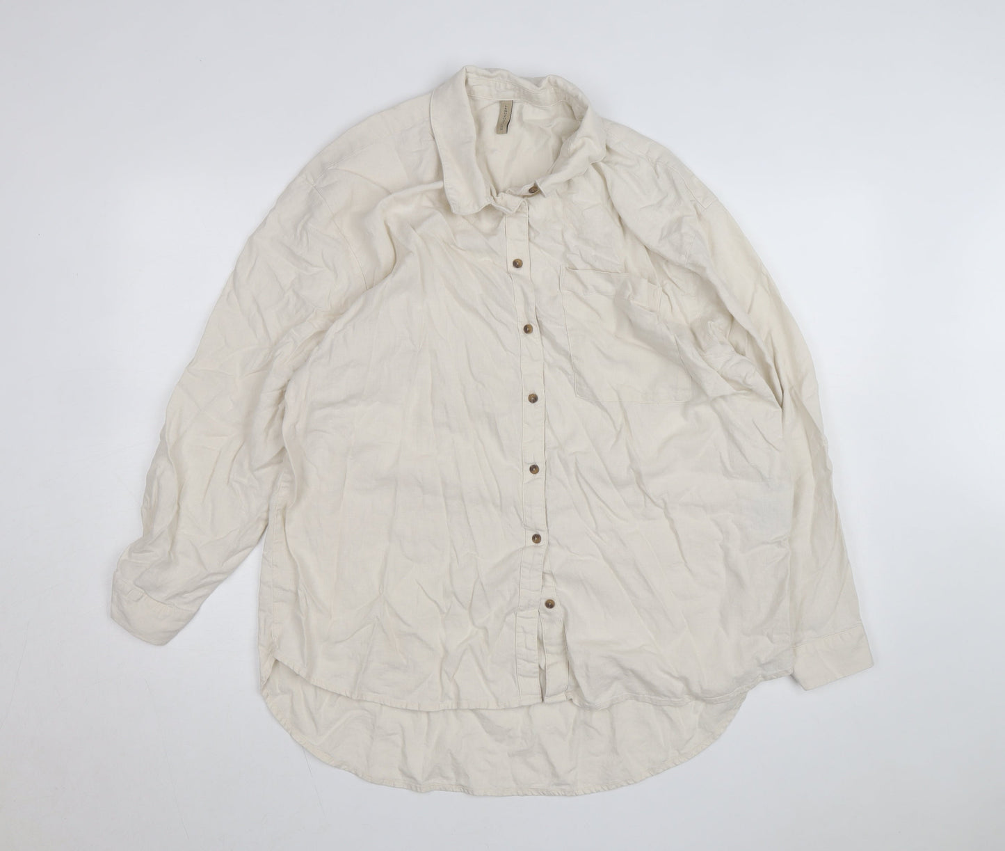 Soya Concept Men's Beige Cotton Linen Long Sleeve Button-Up Shirt Size M