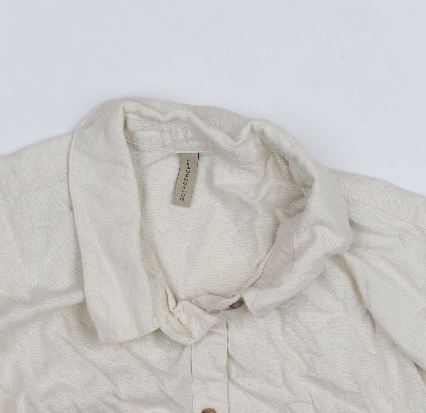 Soya Concept Men's Beige Cotton Linen Long Sleeve Button-Up Shirt Size M