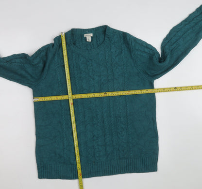 L.L.Bean Mens Green Cable-Knit Cotton Jumper Size L Crew Neck