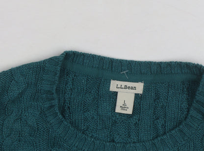 L.L.Bean Mens Green Cable-Knit Cotton Jumper Size L Crew Neck