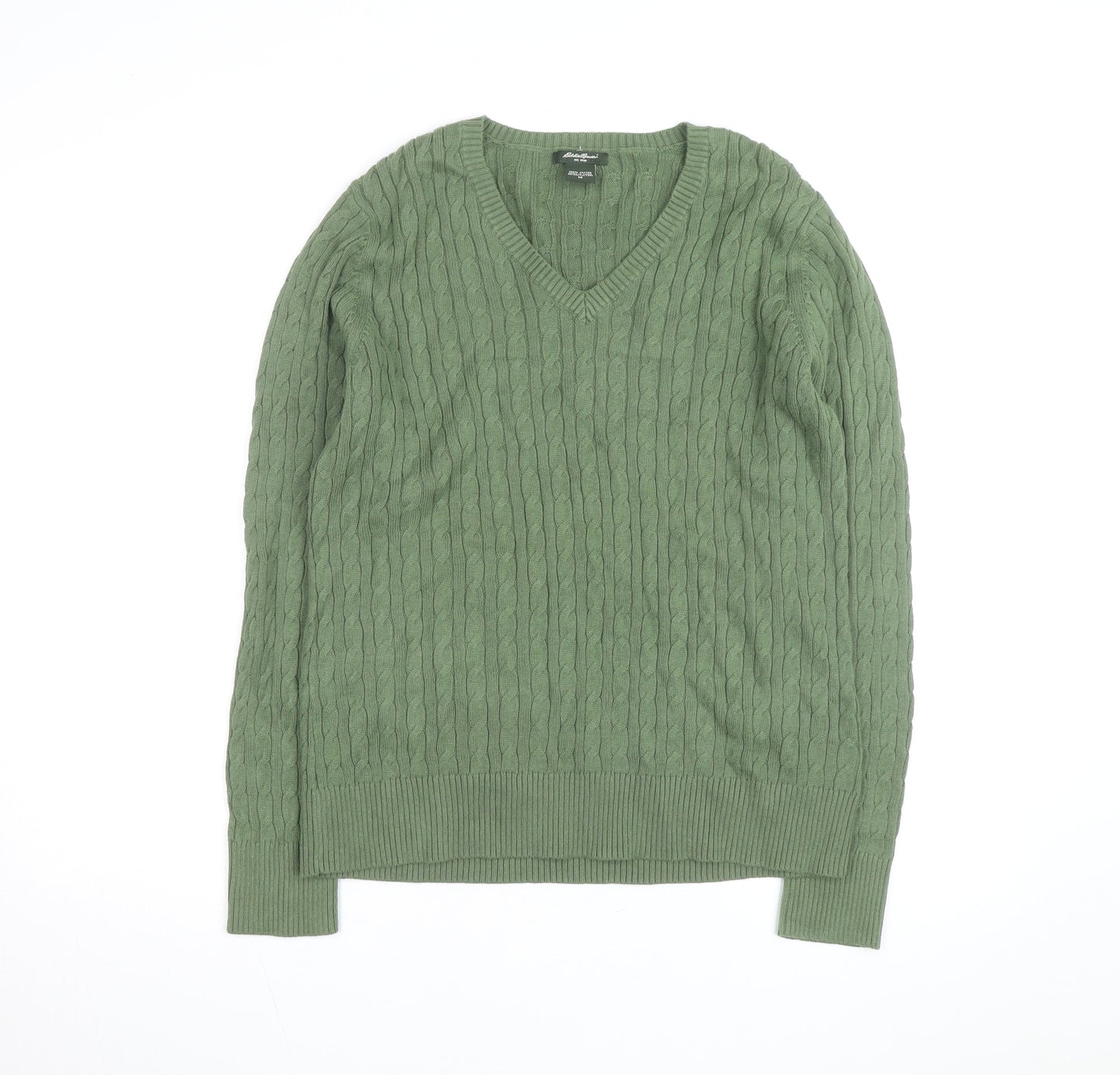Eddie Bauer Women Green Cable-Knit V-Neck Cotton Jumper M