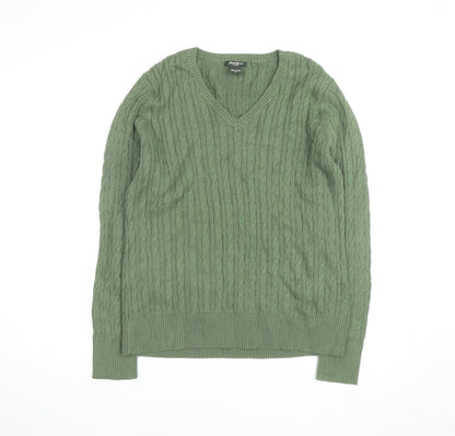 Eddie Bauer Women Green Cable-Knit V-Neck Cotton Jumper M