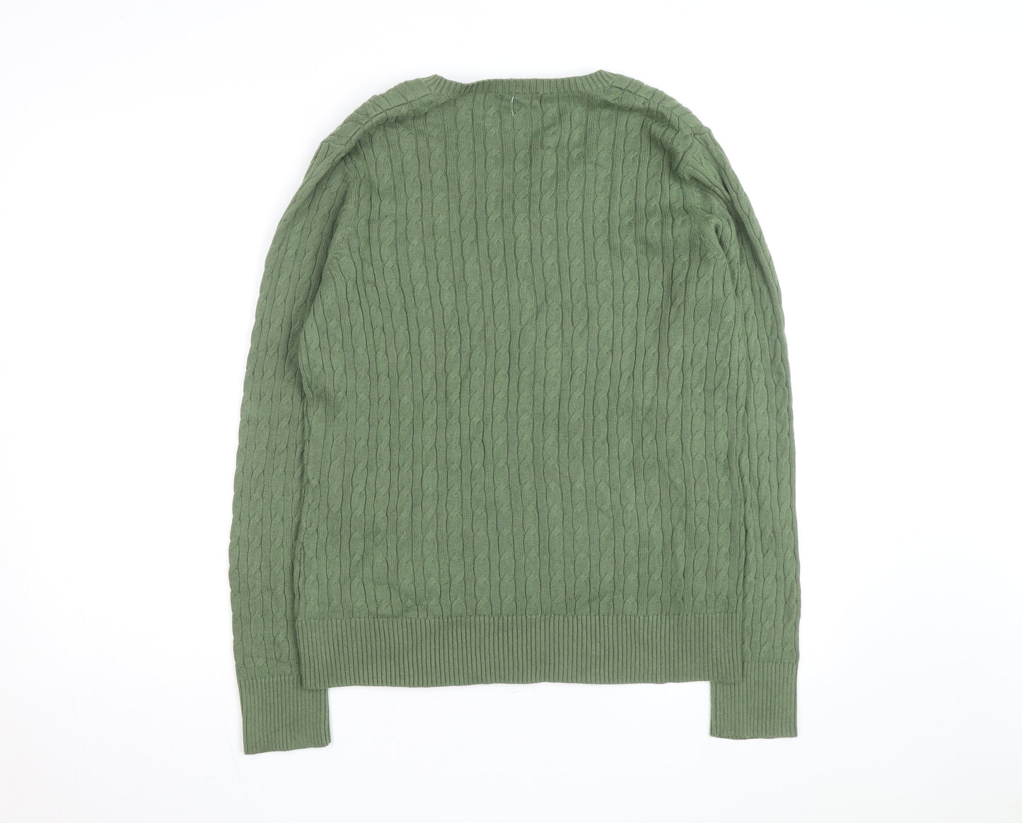 Eddie Bauer Women Green Cable-Knit V-Neck Cotton Jumper M