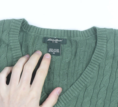 Eddie Bauer Women Green Cable-Knit V-Neck Cotton Jumper M
