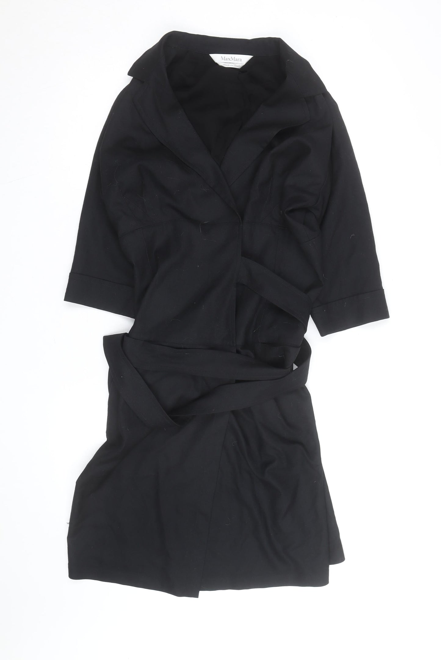 MaxMara Women’s Black Cotton Wrap Dress Size 14 Collared Belted Style