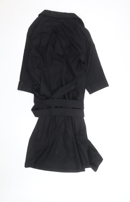 MaxMara Women’s Black Cotton Wrap Dress Size 14 Collared Belted Style