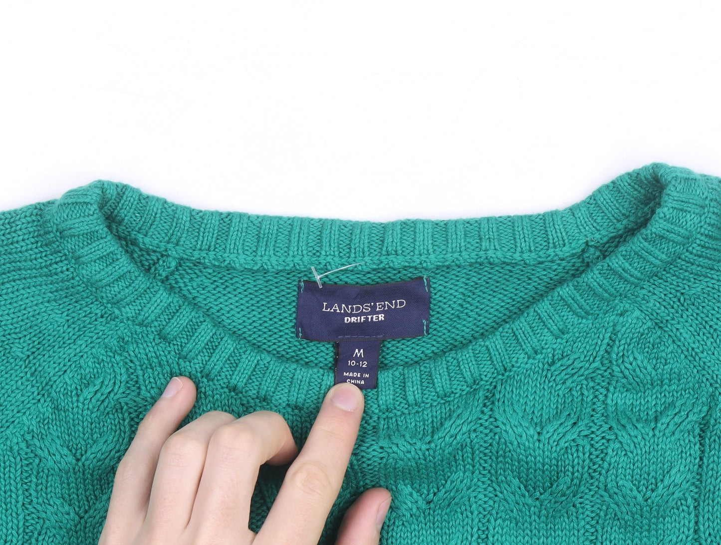 Lands' End Women's Green Cable Knit Cotton Jumper M 10-12