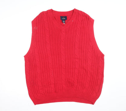 Ivy Crew Men's Red Cable-Knit Cotton V-Neck Sleeveless Jumper XL