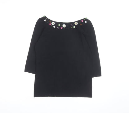 Linda Matthews Womens Black Beaded Boat Neck 3/4 Sleeve Knit Jumper S