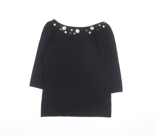 Linda Matthews Womens Black Beaded Boat Neck 3/4 Sleeve Knit Jumper S