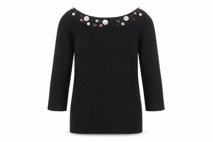 Linda Matthews Womens Black Beaded Boat Neck 3/4 Sleeve Knit Jumper S