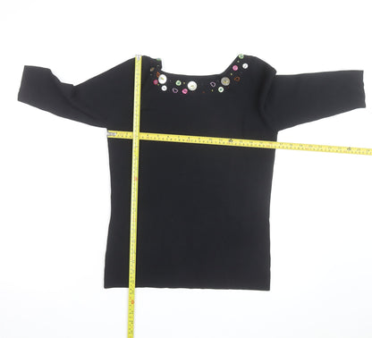 Linda Matthews Womens Black Beaded Boat Neck 3/4 Sleeve Knit Jumper S
