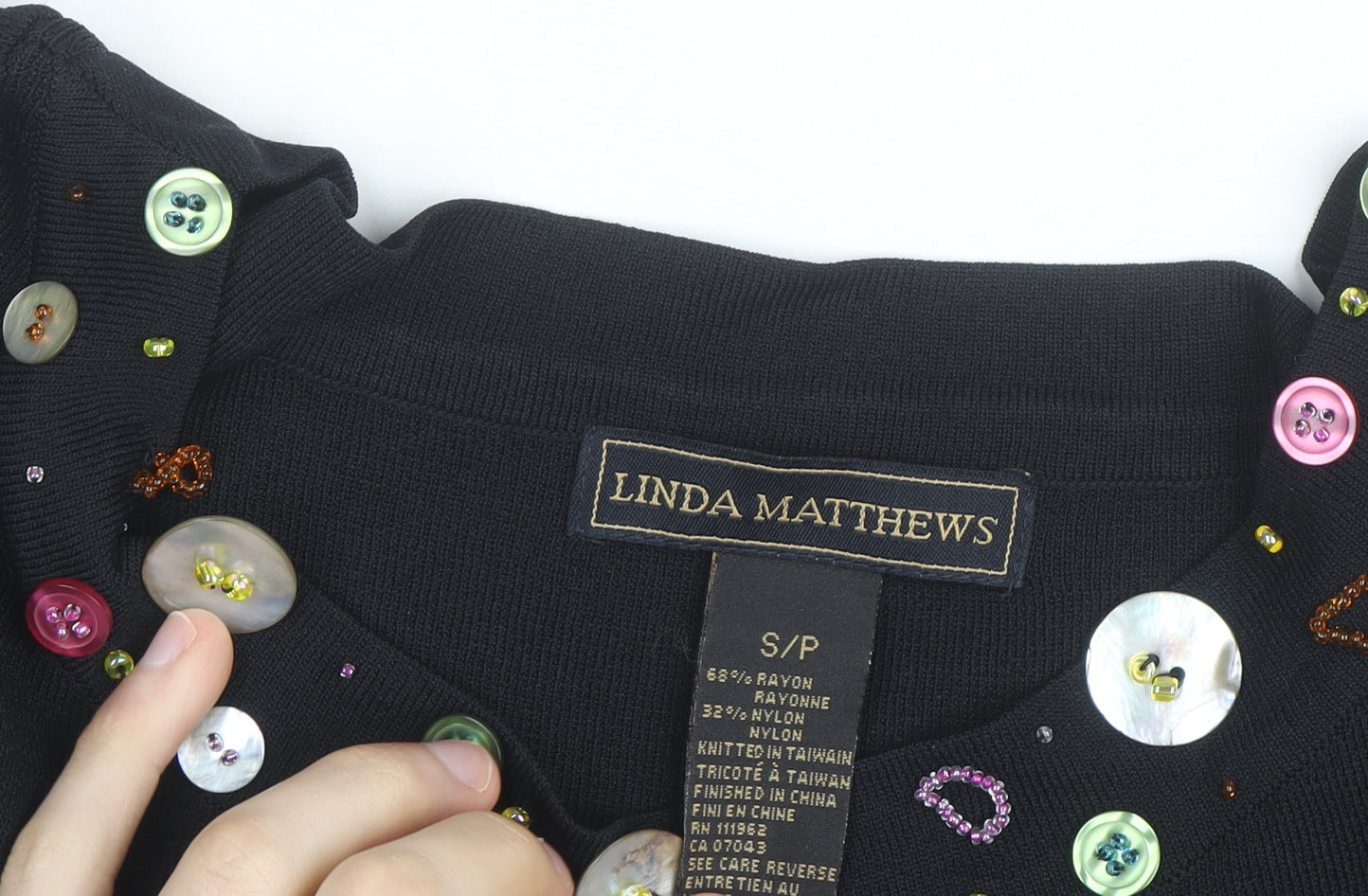 Linda Matthews Womens Black Beaded Boat Neck 3/4 Sleeve Knit Jumper S