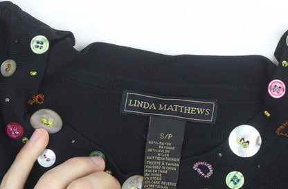 Linda Matthews Womens Black Beaded Boat Neck 3/4 Sleeve Knit Jumper S