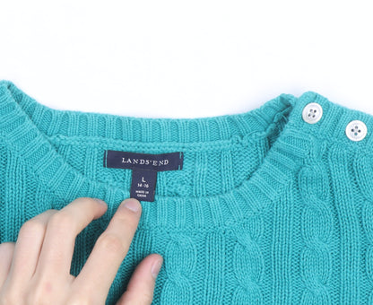 Lands' End Women's Green Cable-Knit Cotton Jumper Size L