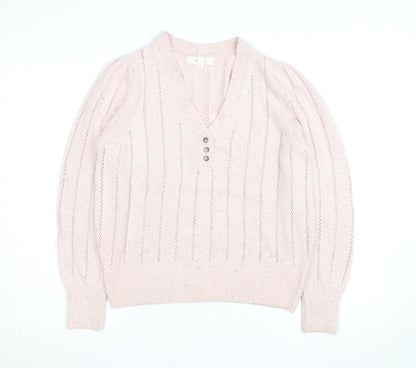 Marks and Spencer Per Una Women Pink Wool Blend V-Neck Henley Jumper Size 12