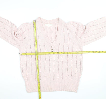 Marks and Spencer Per Una Women Pink Wool Blend V-Neck Henley Jumper Size 12