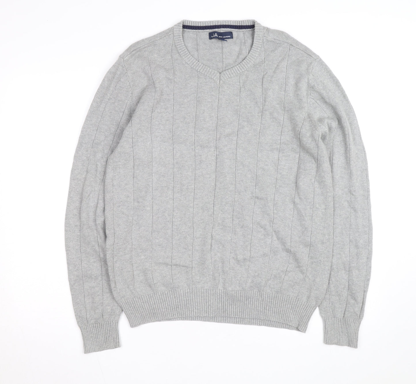 John Ashford Men's Grey V-Neck Cotton Pullover Jumper L