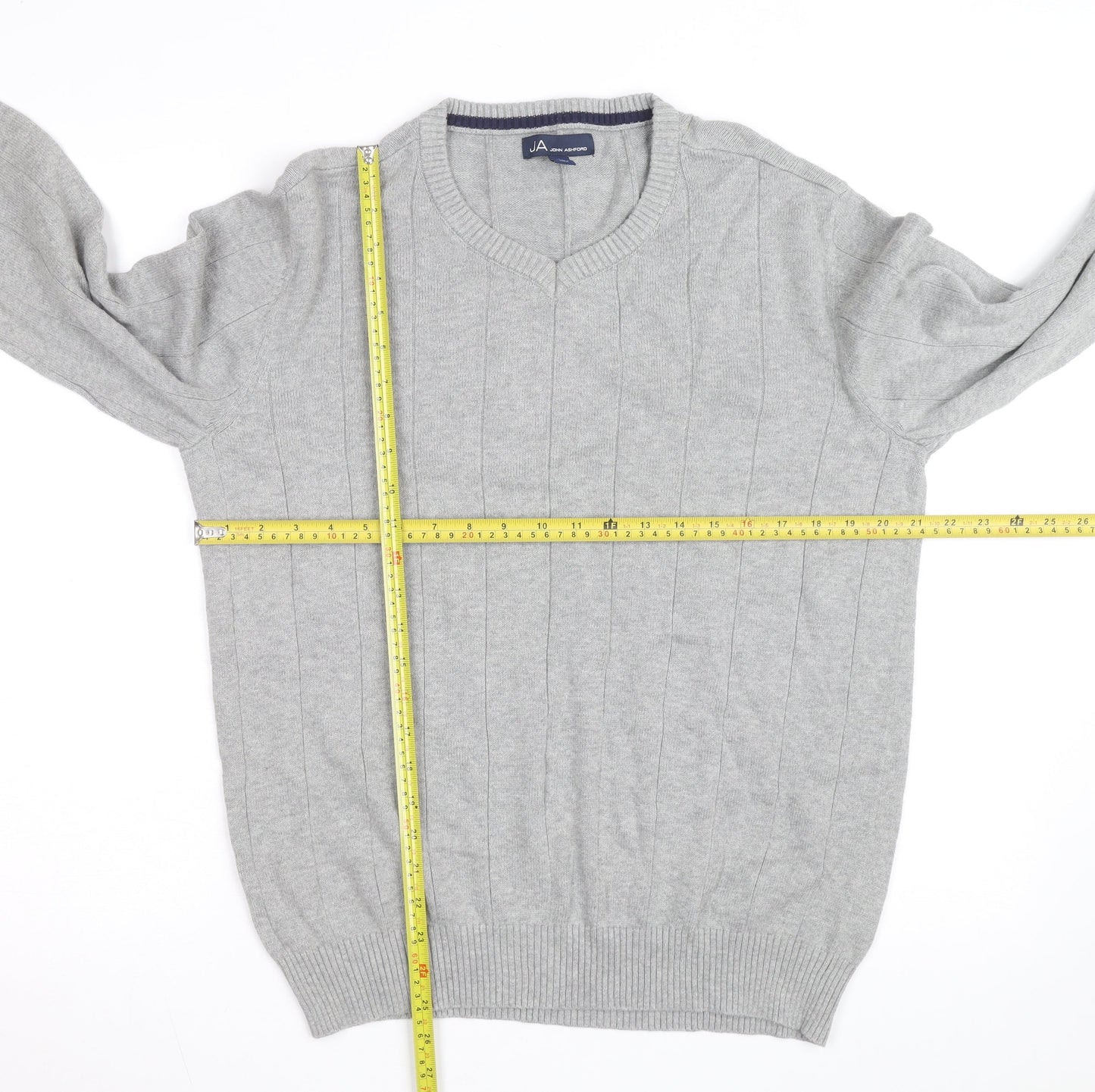 John Ashford Men's Grey V-Neck Cotton Pullover Jumper L