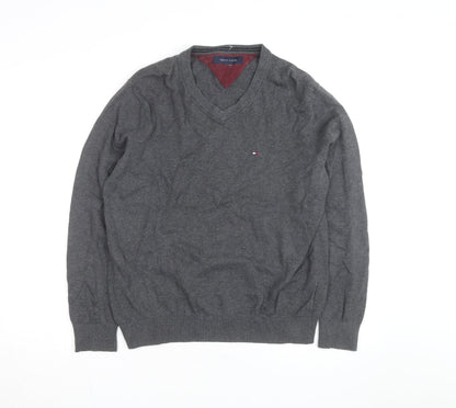 Tommy Hilfiger Men's Grey V-Neck Cotton Jumper Size M