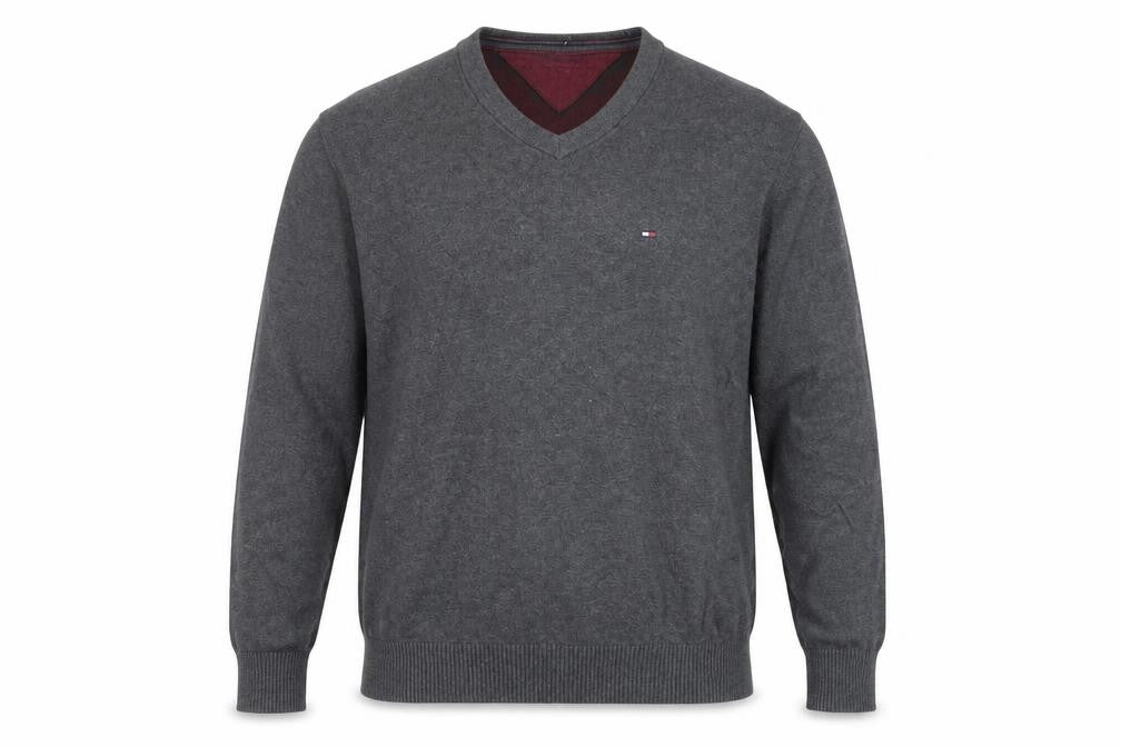 Tommy Hilfiger Men's Grey V-Neck Cotton Jumper Size M