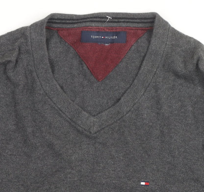 Tommy Hilfiger Men's Grey V-Neck Cotton Jumper Size M
