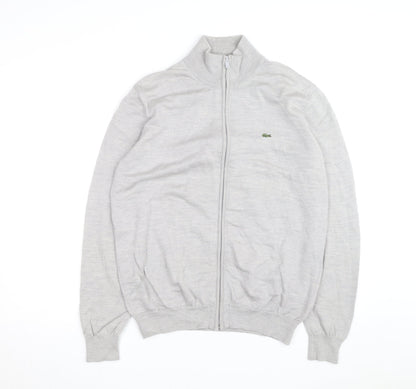 Lacoste Men’s Grey Wool Full Zip Jumper L High Neck Classic Knit