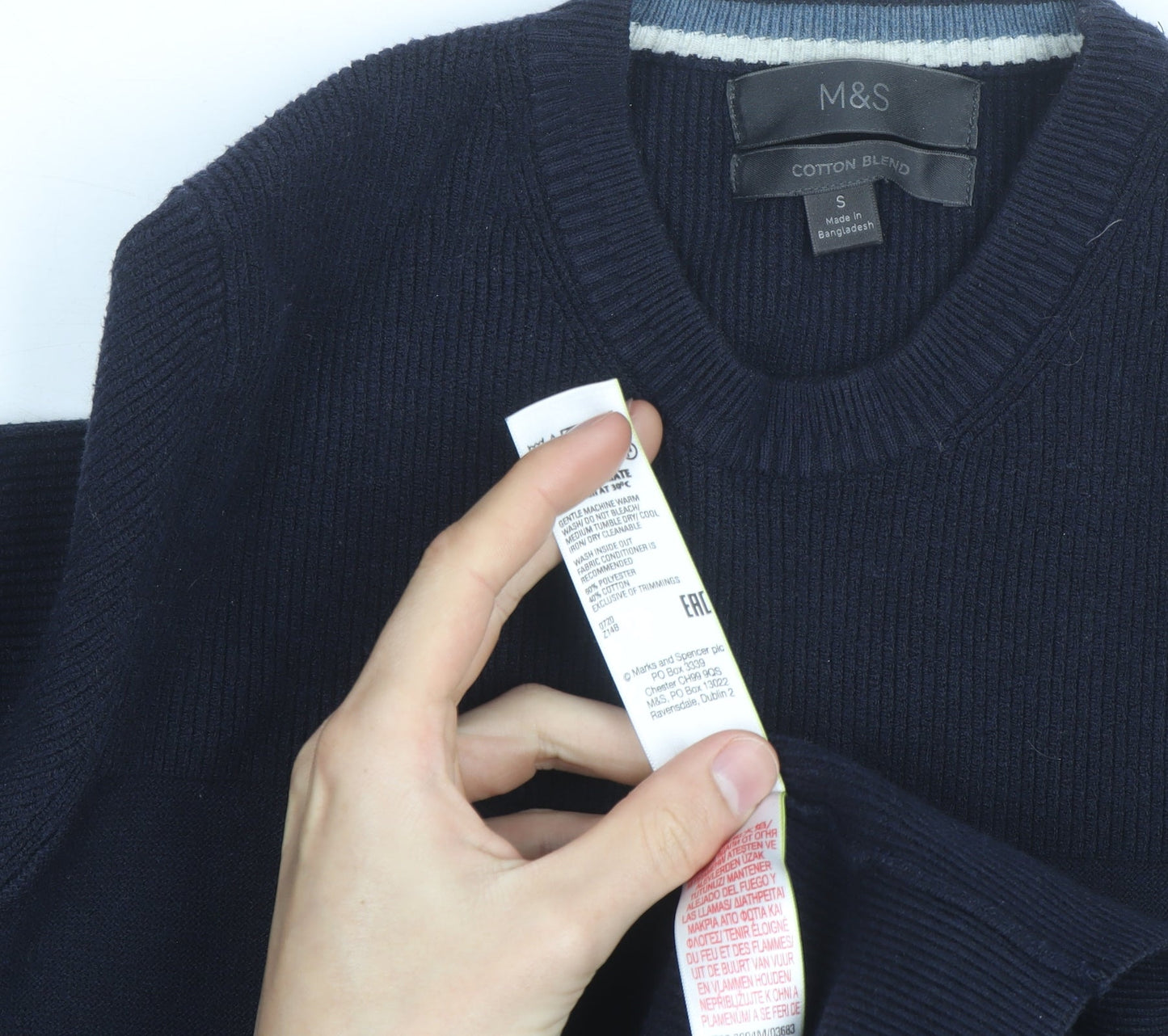 Marks and Spencer Men's Blue Cotton Blend Crew Neck Jumper Size S