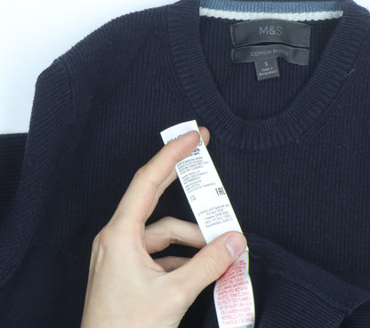 Marks and Spencer Men's Blue Cotton Blend Crew Neck Jumper Size S