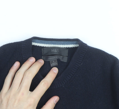 Marks and Spencer Men's Blue Cotton Blend Crew Neck Jumper Size S