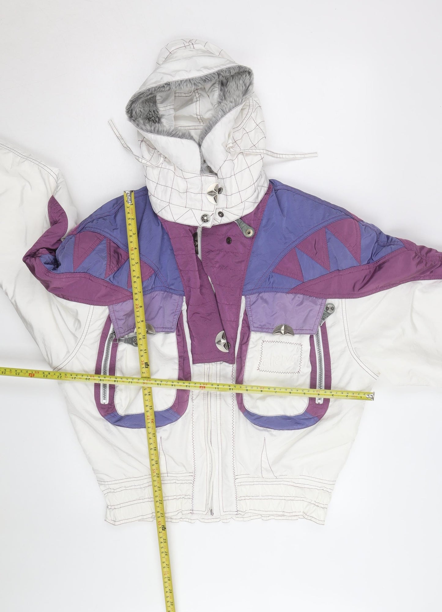 Chervo Men's White Purple Ski Jacket Size 42 Hooded Retro Winter Coat
