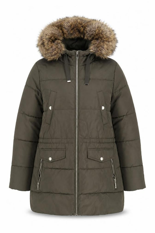 New Look Women's Green Faux Fur Hooded Puffer Coat Size 12
