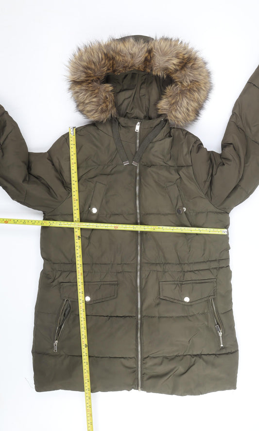 New Look Women's Green Faux Fur Hooded Puffer Coat Size 12