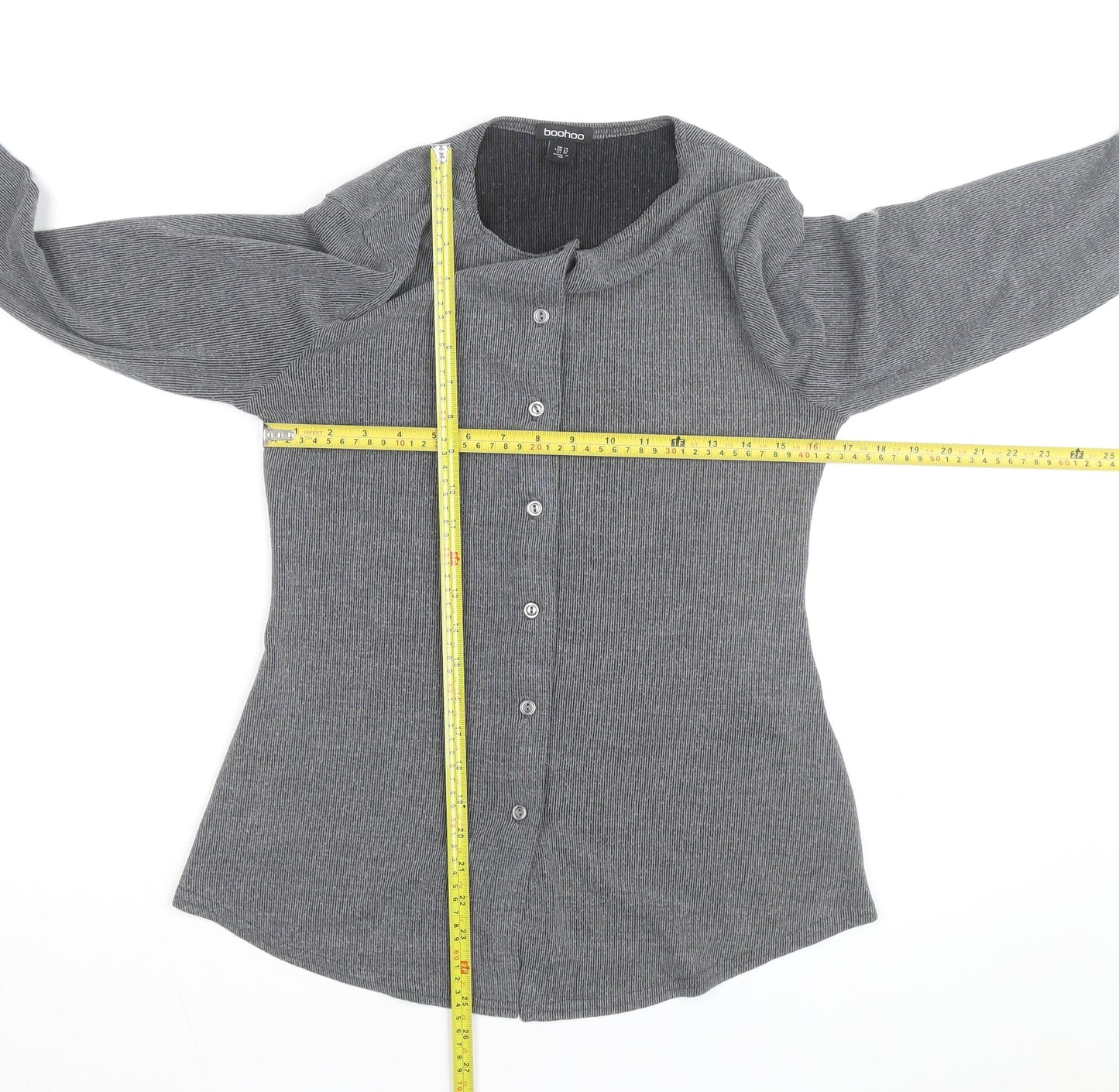 Boohoo Women Grey Knit V-Neck Long Sleeve Button Cardigan Size 14