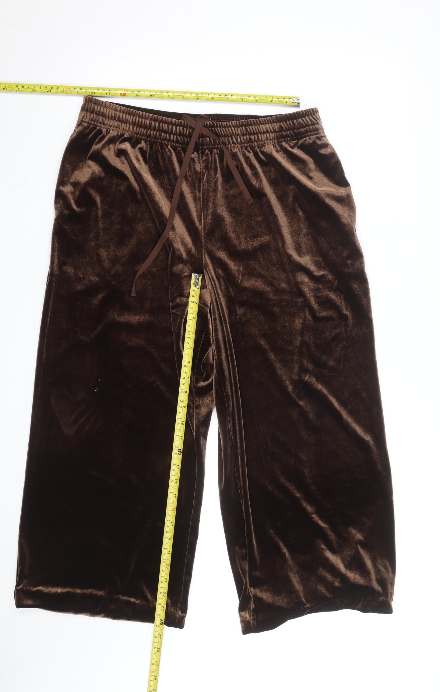 Uniqlo Women Brown Velvet Wide-Leg Trousers Size M Elastic Waist