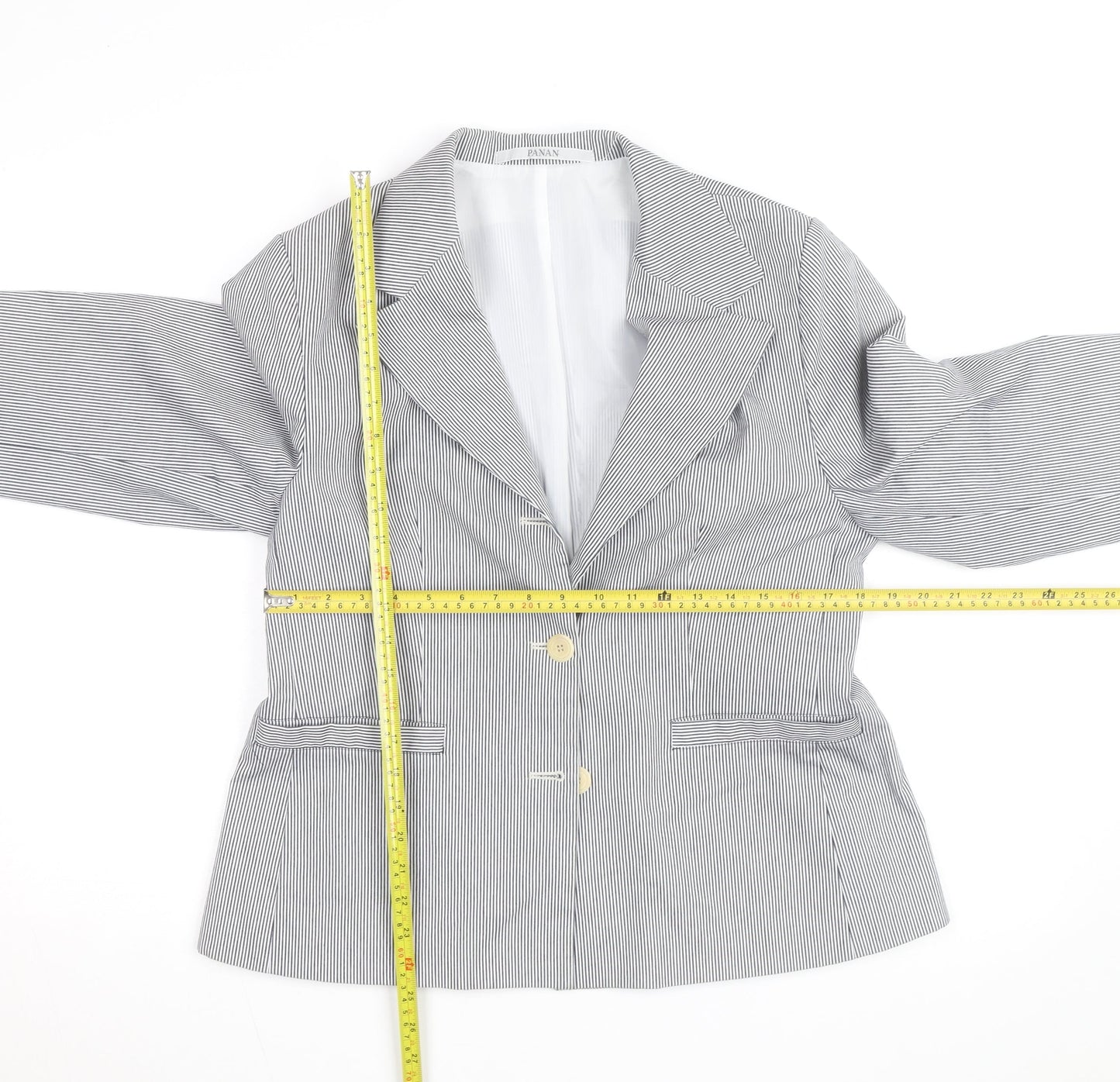 PANAN Women's Grey Striped Cotton Blend Single-Breasted Blazer Size 14
