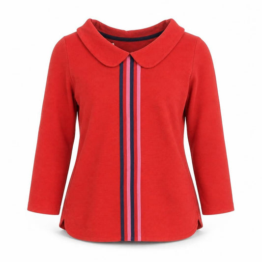 Front view of Deloras Teens Red Collared Long Sleeve Striped jumper 9