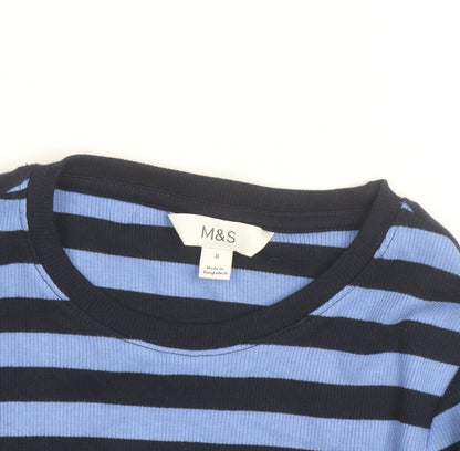 Marks and Spencer Women's Blue Striped Jumper Size 8 Long Sleeve Cotton