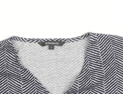 Bonmarché Women Grey Geometric V-Neck Long Sleeve Pullover Jumper Size 12